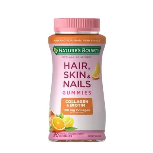 Nature's Bounty Optimal Solutions Hair, Skin & Nails with Biotin and Collagen, Citrus-Flavored Gummies Vitamin Supplement, 2500 mcg, 80 Ct