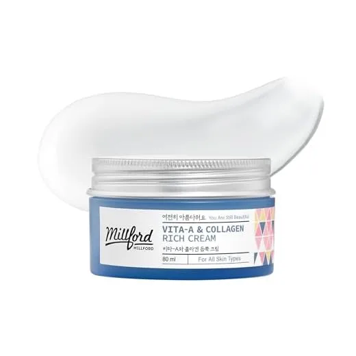 Millford Vita A & Collagen Rich Cream 80ml/2.7 Oz, Fish/Marine Collagen, Face Cream, Anti Aging, Facial Moisturizer, Wrinkes, Fine Lines, Retinyl Palmitate, Korean Skincare