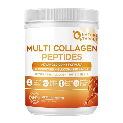 NATURE TARGET Multi-Collagen-Peptides-Powder for Joint Support, Hydrolyzed Collagen for Women Men with MSM + GC, Type I II III V X Collagen for Skin Hair & Nail, Non-GMO, 35 Servings