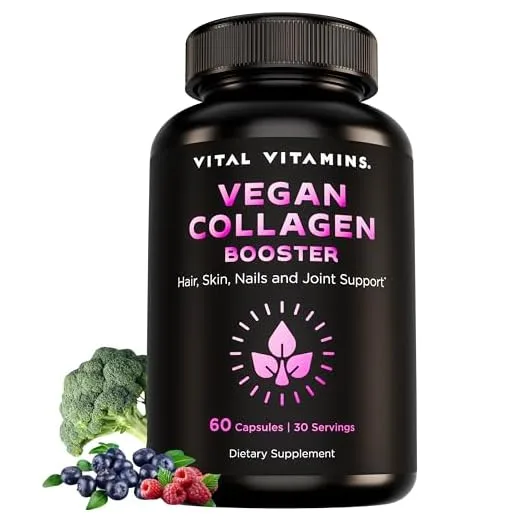 Vital Vitamins Vegan Collagen Booster - Plant Collagen Supplements - Supports Hair, Skin, Nails & Joints - with Hyaluronic Acid - 60 Capsules
