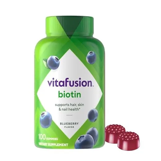 vitafusion Extra Strength Biotin Gummy Vitamins, Berry Flavored, 5,000 mcg Biotin Vitamins, America’s Number 1 Gummy Vitamin Brand, 50 Day Supply, 100 Count (Packaging may vary)