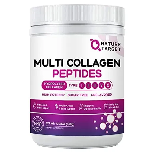 NATURE TARGET Multi Collagen Peptides Powder - Type I, II, III, V, X - Hydrolyzed Collagen Peptides with Vitamin C Hyaluronic Acid, Supports Skin Hair Nail & Joint, Grass-Fed, Non-GMO, 35 Servings