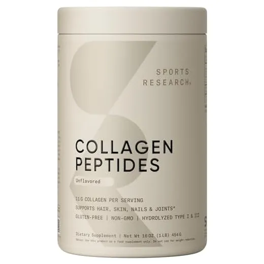 Sports Research Collagen Peptides for Women & Men - Hydrolyzed Type 1 & 3 Collagen Powder Protein Supplement for Healthy Skin, Nails, Bones & Joints - Easy Mixing Vital Nutrients & Proteins