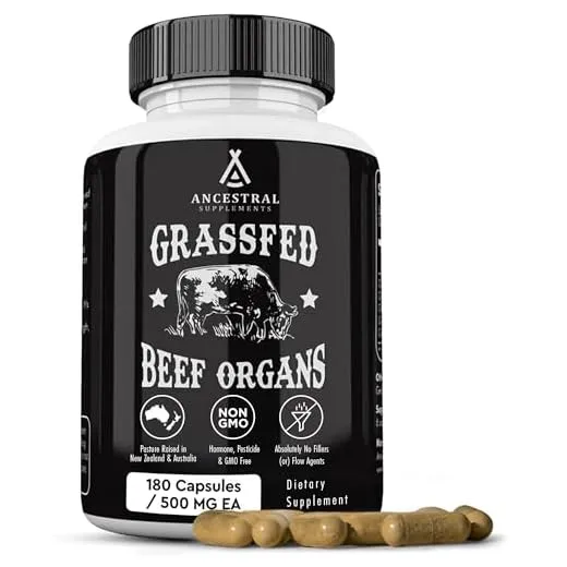 Ancestral Supplements Grass Fed Beef Organ Supplement, Supports Whole Body Wellness with Proprietary Blend of Liver, Heart, Kidney, Pancreas, Spleen, Freeze-Dried Beef, Non-GMO, 180 Capsules
