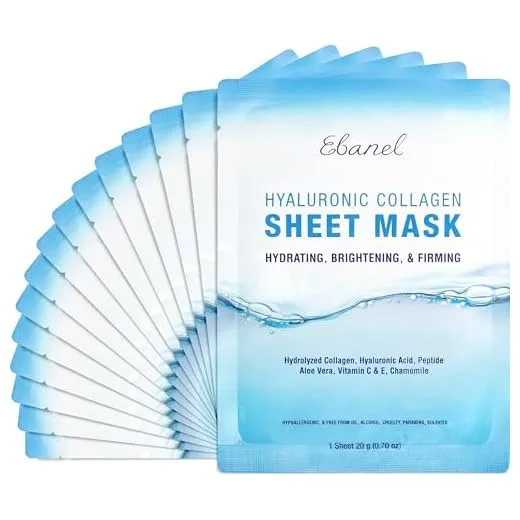 Ebanel 15 Pack Collagen Peptide Hydrating Face Masks, Instant Brightening Firming Anti Aging Face Sheet Masks, Moisturizing Spa Face Masks Skincare with Hyaluronic Acid, Vitamin C, Chamomile, Aloe