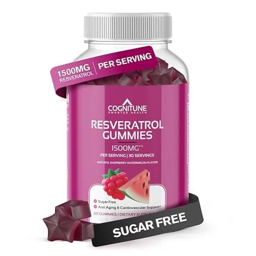 Resveratrol Gummies - Sugar Free Natural Raspberry Watermelon Flavor, 1500mg Resveratrol Supplement for Heart, Brain, Immune Support & Wellness, Powerful Antioxidant with Anti-Aging Benefits
