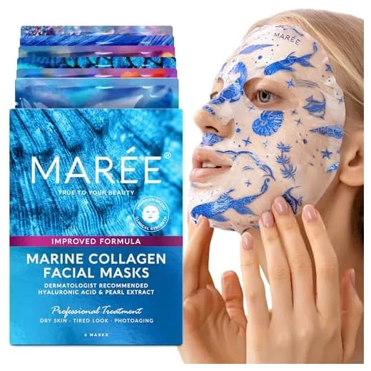 MAREE Facial Masks with Marine Collagen & Hyaluronic Acid - Sheet Moisturizing Masks for Face with Green & Red Algae Extract for All Skin Types - Hydrating Skin Care Mask with Pearl Extract - 6 Pack