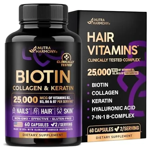 Biotin | Collagen | Keratin | Hyaluronic Acid - Hair Growth Support Supplement | Beauty Complex - Made in USA - Hair Skin Nails Vitamins B1 | B2 | B3 | B6 | B7 - For Women | Men, 60 Capsules