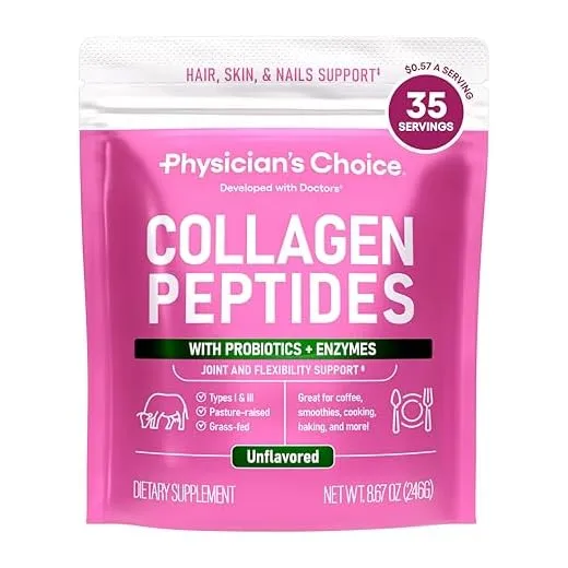 Physician's CHOICE Collagen Peptides - Hydrolyzed Protein Powder for Hair, Skin, Joints - Grass Fed, Non-GMO