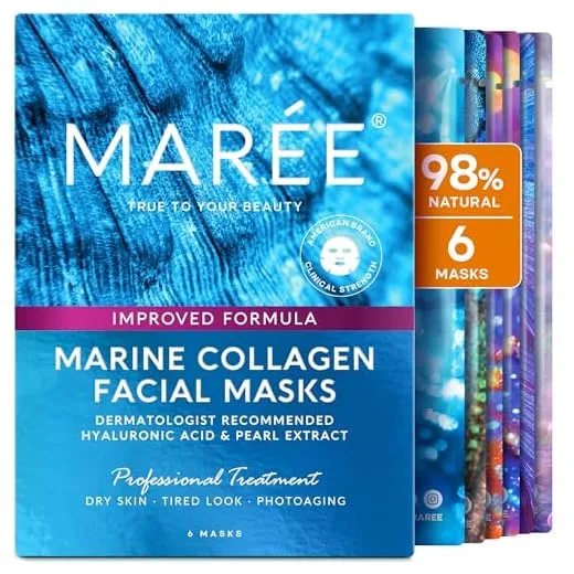 MAREE Facial Masks with Marine Collagen & Hyaluronic Acid - Sheet Moisturizing Masks for Face with Green & Red Algae Extract for All Skin Types - Hydrating Skin Care Mask with Pearl Extract - 6 Pack