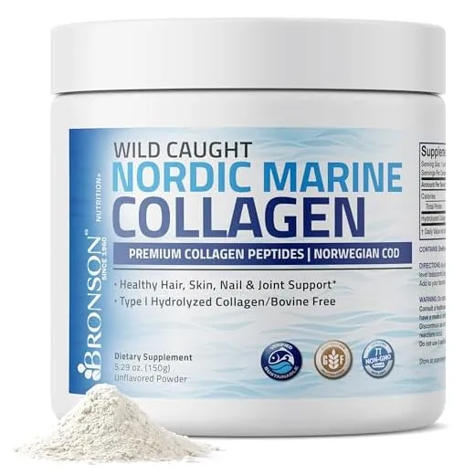 Bronson Marine Collagen Peptides Hydrolyzed Protein Powder 100% Wild Caught Nordic Cod Verified Sustainable Source for Joints Skin Hair Nails & Bones 150g (5.29oz)