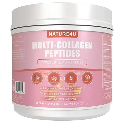 Multi Collagen Peptides Powder 10g - Type I, II, III, V, X Hydrolyzed Collagen Protein Powder with Biotin, Hyaluronic Acid, Vitamin C for Hair, Skin, Nails & Joint Support - Unflavored 1.1 lb