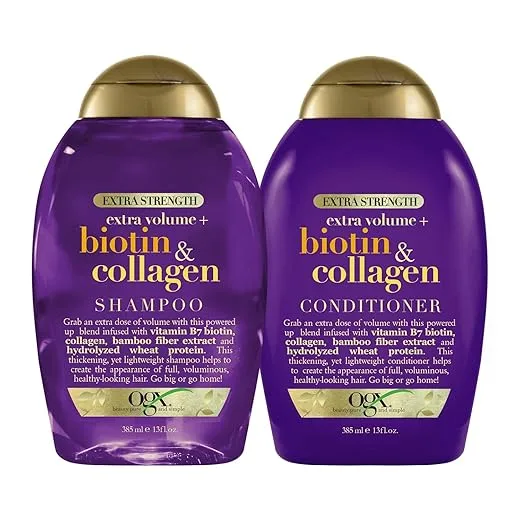 OGX Thick & Full + Biotin & Collagen Volumizing Shampoo & Conditioner Set, Nutrient-Infused, Biotin Gives Hair Volume & Body, Sulfate-Free Surfactants, 13 fl. Oz, 2 Pack