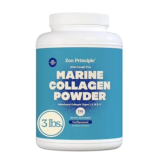 Zen Principle Marine Collagen Peptides Powder 3 lb. Wild-Caught Fish, Non-GMO. Supports Healthy Skin, Hair, Joints, and Bones. Hydrolyzed Type 1 & 3 Protein. Amino Acids, Unflavored, Easy to Mix.