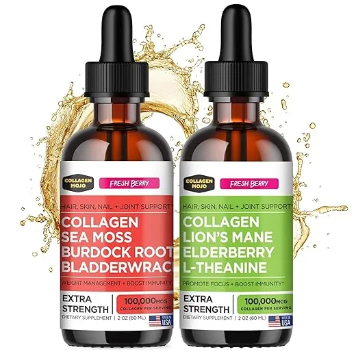 Collagen Mojo Liquid Collagen Peptides with Sea Moss, Burdock Root & Bladderwrack + Liquid Collagen Peptides with Lions Mane Mushroom, Elderberry & L-Theanine