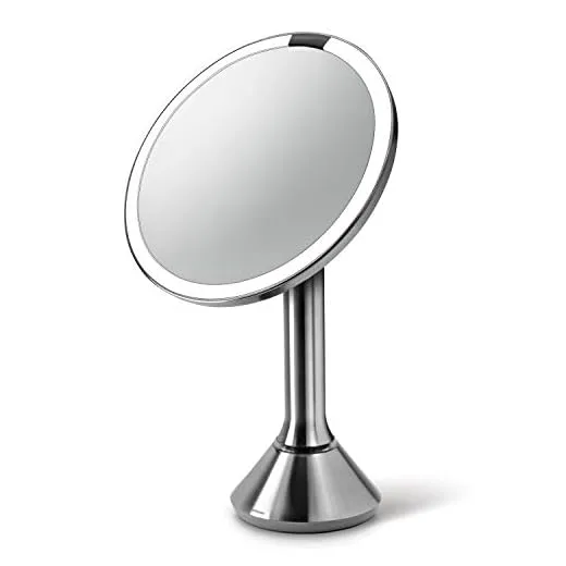 simplehuman Sensor Lighted Makeup Vanity Mirror 8" Round, 5X Magnification, Stainless Steel, Rechargeable and Cordless