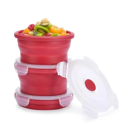 Vdomus Collapsible Food Storage Containers with Lids - Silicone Collapsible Bowl Sets with Airtight Lid - Round Silicone Food Containers Microwave, Freezer, and Dishwasher Safe - Set of 3, Red