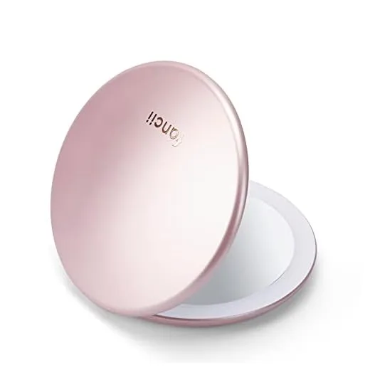 Fancii LED Lighted Travel Makeup Mirror, Rechargeable with 10x/1x Magnifying & 3 Light Settings - Compact, Portable, Large 5” Wide Hand Mirror for Handbag and Purses (Rose Gold)