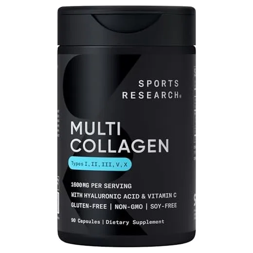 Sports Research Multi Collagen Pills (Type I, II, III, V, X) Hydrolyzed Collagen Peptides with Hyaluronic Acid + Vitamin C | Non-GMO Verified & Gluten Free - 90 Capsules