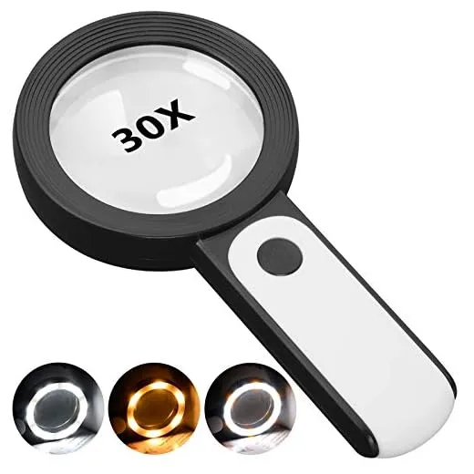 JMH Magnifying Glass with Light, 30X Handheld Large 18LED Cold and Warm Light with 3 Modes, Illuminated Magnifier for Seniors Reading, Inspection, Coins, Jewelry, Exploring