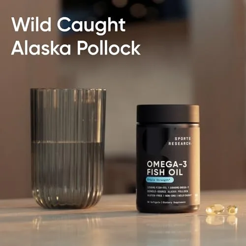 Sports Research Triple Strength Omega 3 Fish Oil - Burpless Fish Oil Supplement w/EPA & DHA Fatty Acids from Single-Source Wild Alaskan Pollock - 1250 mg, 90 ct