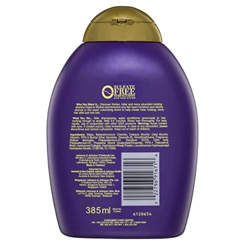 OGX Thick & Full + Biotin & Collagen Volumizing Conditioner for Thin Hair, with Vitamin B7 & Hydrolyzed Wheat Protein, Paraben-Free, Sulfate-Free Surfactants, 13 fl oz