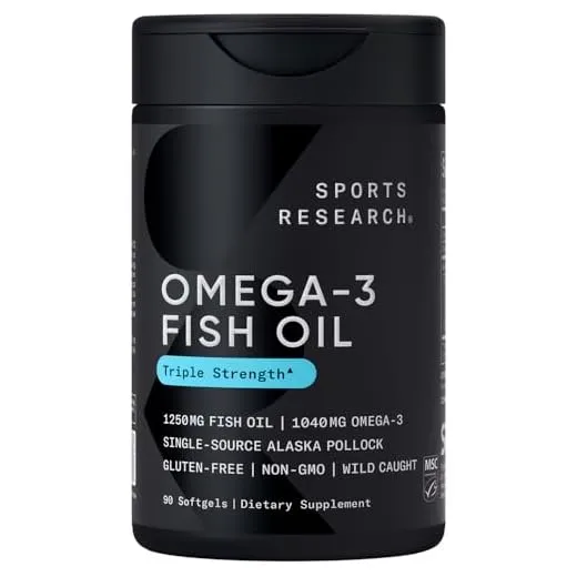 Sports Research Triple Strength Omega 3 Fish Oil - Burpless Fish Oil Supplement w/EPA & DHA Fatty Acids from Single-Source Wild Alaskan Pollock - 1250 mg, 90 ct