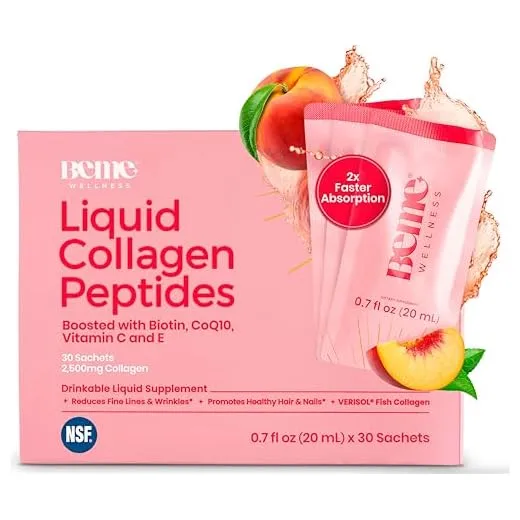Be Radiant Liquid Collagen Peptides for Women and Men with Vitamin-C, Biotin, CoQ10 - Collagen for Women, Promotes Hair, Nail and Skin Health - 30 Day Supply 0.7 Fl Oz Travel Packets (Pack of 30)