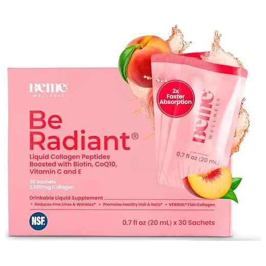 Be Radiant Liquid Collagen Peptides for Women and Men with Vitamin-C, Biotin, CoQ10 - Collagen for Women, Promotes Hair, Nail and Skin Health - 30 Day Supply 0.7 Fl Oz Travel Packets (Pack of 30)