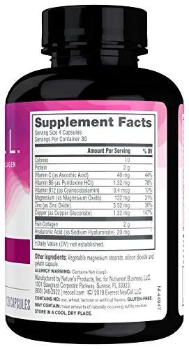 NeoCell Marine Collagen With Collagen Type 1 and 3 and Hyaluronic Acid, With Hydrolyzed Collagen, Skin Health Supplement, Capsule, 120 Count, 1 Bottle