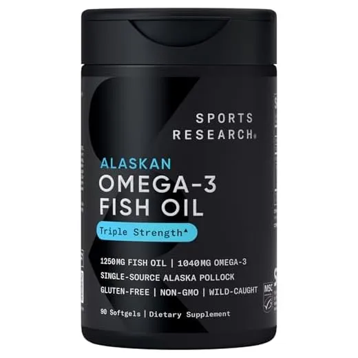 Sports Research Triple Strength Omega 3 Fish Oil - Burpless Fish Oil Supplement w/EPA & DHA Fatty Acids from Single-Source Wild Alaskan Pollock - 1250 mg, 90 ct