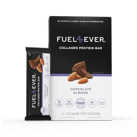 Fuel 4 Ever Collagen Protein Bars (Box of 12),1.83 oz, 14G protein, MCT oil, No Sugar or Artificial Ingredients Added, 3g Sugar, Low Net Carb, High Fiber Healthy Snack Bar. (Chocolate Almond)