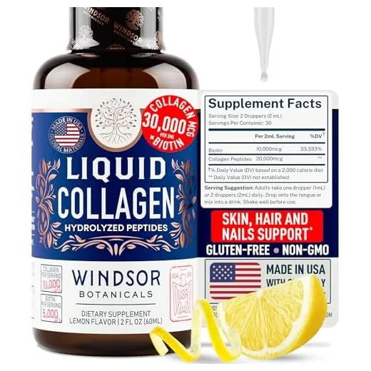 Concentrated Liquid Collagen Peptides Supplement - Hair, Skin, Nail, Joints Support - Sublingual Drops by WINDSOR BOTANICALS - 10,000mcg Collagen, 5,000mcg Biotin - Lemon Flavor - 2-Month - 2 oz