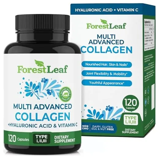 ForestLeaf Multi Collagen Pills with Hyaluronic Acid + Vitamin C | Hydrolyzed Collagen Supplements for Women or Men | Multi Collagen Capsules Peptides for Skin, Wrinkles, 120 Caps