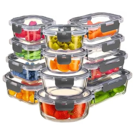 FineDine 24 Piece Glass Storage Containers with Lids - Leak Proof, Dishwasher Safe Glass Food Storage Containers for Meal Prep or Leftovers, Gray