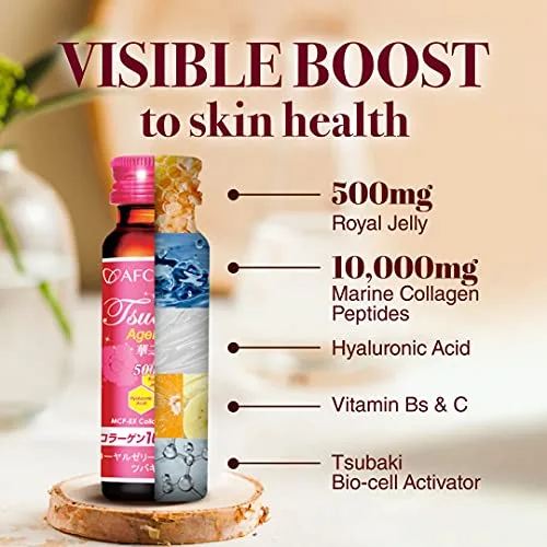 AFC Japan Tsubaki Ageless Beauty Collagen Drink from Japan with 10,000mg Marine Collagen Peptides + 500mg Royal Jelly + Hyaluronic Acid + Vitamin Bs & C for Skin Revitalization 1.69fl.ozx10sx3