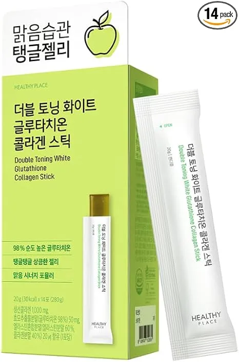 Double Toning White Glutathione Collagen Jelly Stick. Korean Beauty Supplement with Glutathione 98%, Fish Collagen Peptide-1000 mg, Vitamin C & Vitamin E. Green Apple Flavor 14 Sticks.