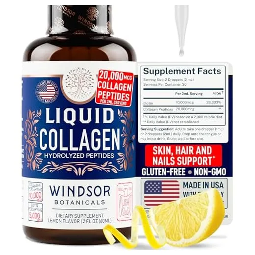 Concentrated Liquid Collagen Peptides Supplement - Hair, Skin, Nail, Joints Support - Sublingual Drops by WINDSOR BOTANICALS - 10,000mcg Collagen, 5,000mcg Biotin - Lemon Flavor - 2-Month - 2 oz