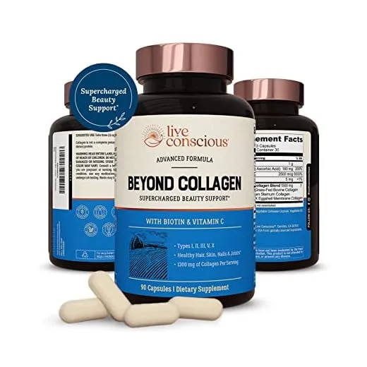 Live Conscious Beyond Collagen Multi Collagen Capsules - Types I, II, III, V & X - Hydrolyzed Blend with Biotin & Vitamin C for Hair, Skin, Nails 90 Capsules
