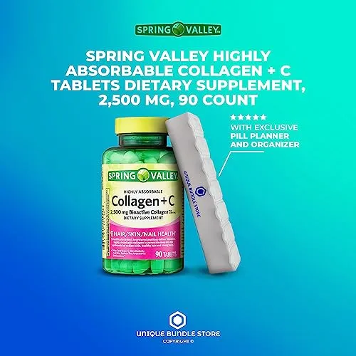 Spring Valley, Collagen Pills, 2,500 mg + C Tablets, Highly Absorbable Collagen Supplements, Dietary Supplement, 90 Count + 7 Day Pill Organizer Included (Pack of 1)