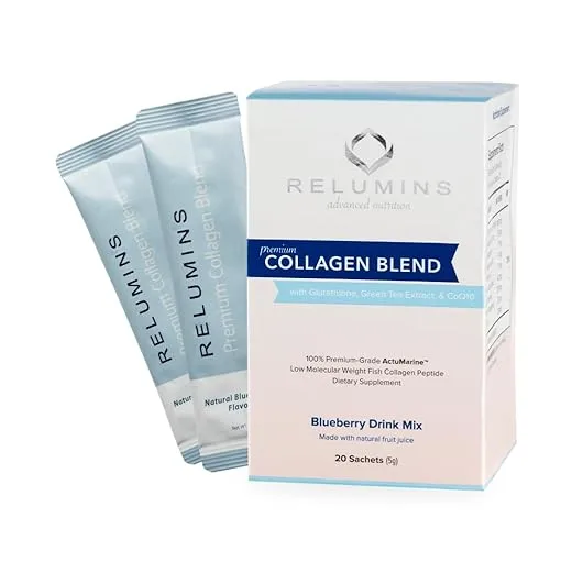 Relumins Marine Collagen Drink Mix 5000mg Type I, II, III Peptides with Glutathione, Green Tea, CoQ10 & Hyaluronic Acid for Smooth Glowing Skin - Blueberry Flavor - 10 Sachets