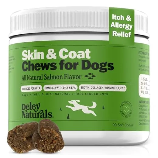 Deley Naturals Omega Skin and Coat Chews, Omega 3 Fish Oil with DHA & EPA, Biotin, Collagen, Vitamins C, E, and Zinc, Supports Shiny Coat, Allergies, Itching, Salmon Flavor, 90 Chews—Made in The USA