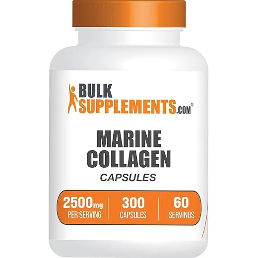 BulkSupplements.com Marine Collagen Capsules - Fish Collagen Supplement, Collagen for Women & Men - Hydrolyzed Collagen, Gluten Free, 5 Capsules per Serving, 300 Capsules (Pack of 1)