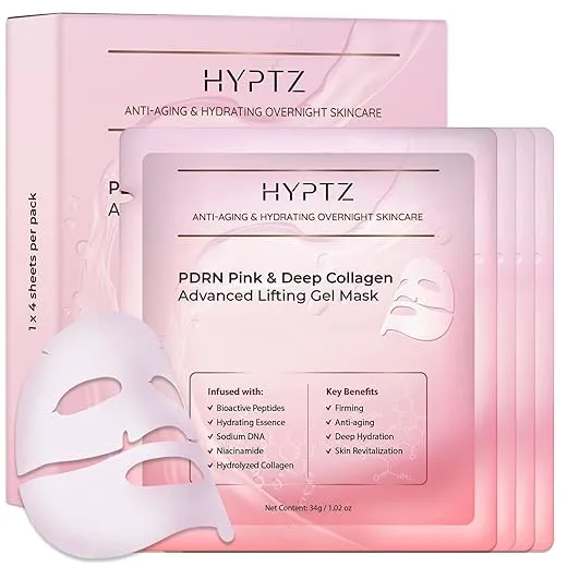 Salmon DNA PDRN Collagen Face Mask – Korean Face Mask for Glass Skin – Collagen Face Masks Skincare Overnight Hydrogel – Firming, Hydrating Face Masks, Pink Collagen Mask 4-Pack