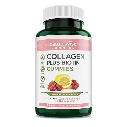 NatureWise Collagen Gummies - Strawberry Lemon Flavor - Type 1 & 3 Collagen Peptides for Women with Biotin, Vitamin C, E, & Zinc for Hair Skin and Nails & Joint Support - 90 Gummies[45-Day Supply]