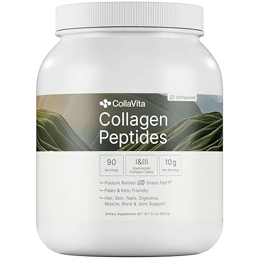 Collagen Peptides Powder Grass-Fed Pasture-Raised Hydrolyzed Collagen Powder, Type I & III Hair, Nails, Skin and Joints, Non-GMO, Paleo & Keto, Unflavored, 32 Fl oz. 90 Servings