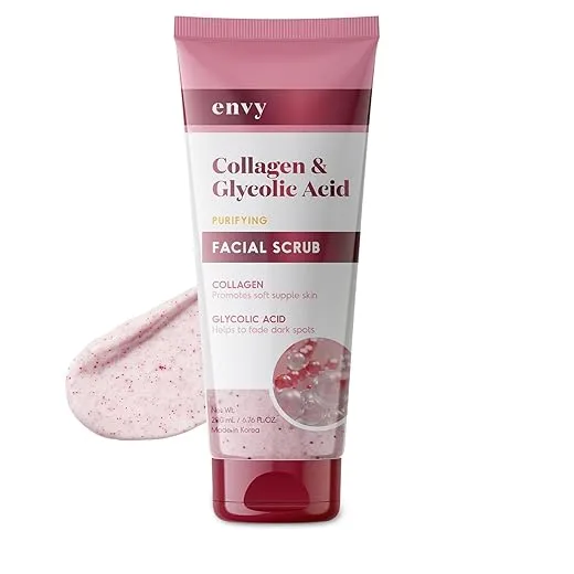 Envy Collagen & Glycolic Acid Face Scrub - Anti-Aging, Softening & Dark Spot Improving Exfoliating Scrub - Dermatologist Tested, Clean Beauty for All Skin Types - 6.76 Oz