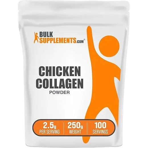 BulkSupplements.com Chicken Collagen Powder - Hydrolyzed Collagen Supplement, for Hair, Skin, & Nails - Unflavored & Gluten Free, 2.5g per Serving, 250g (8.8 oz) (Pack of 1)
