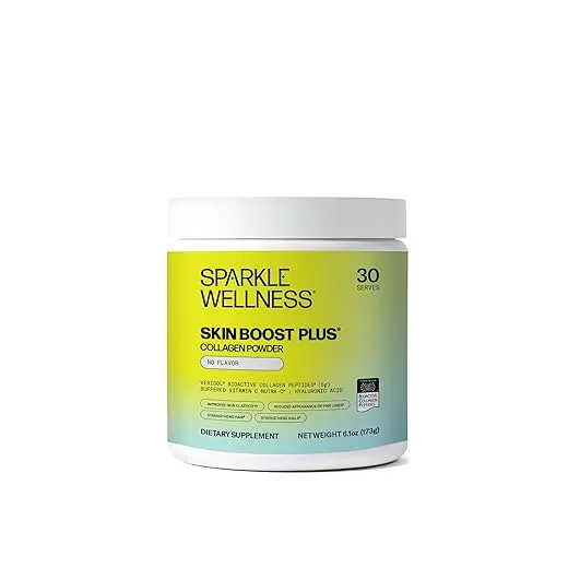 Sparkle Wellness VERISOL Bioactive Hydrolyzed Collagen Peptides | Collagen Powder Supplement with Vitamin C & Hyaluronic Acid for Hair, Skin, and Nail Health | Skin Boost Plus (No Flavor) [30-Serves]