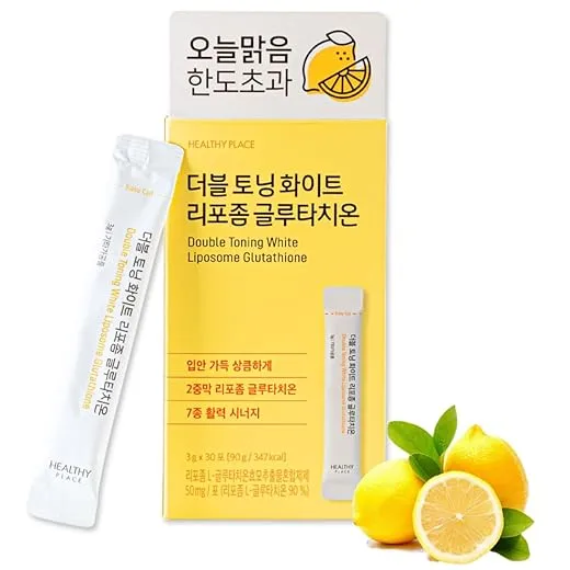 Double Toning White Liposome Glutathione Korean Beauty Supplement – Liposomal L-Glutathione, Vitamin C 500 mg, Vitamin E, Biotin & Fish Collagen 500 mg, Lime-Lemon Flavor – 30 Packets